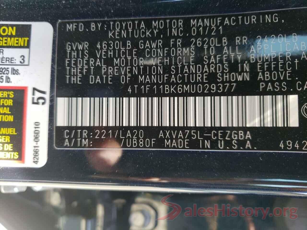 4T1F11BK6MU029377 2021 TOYOTA CAMRY