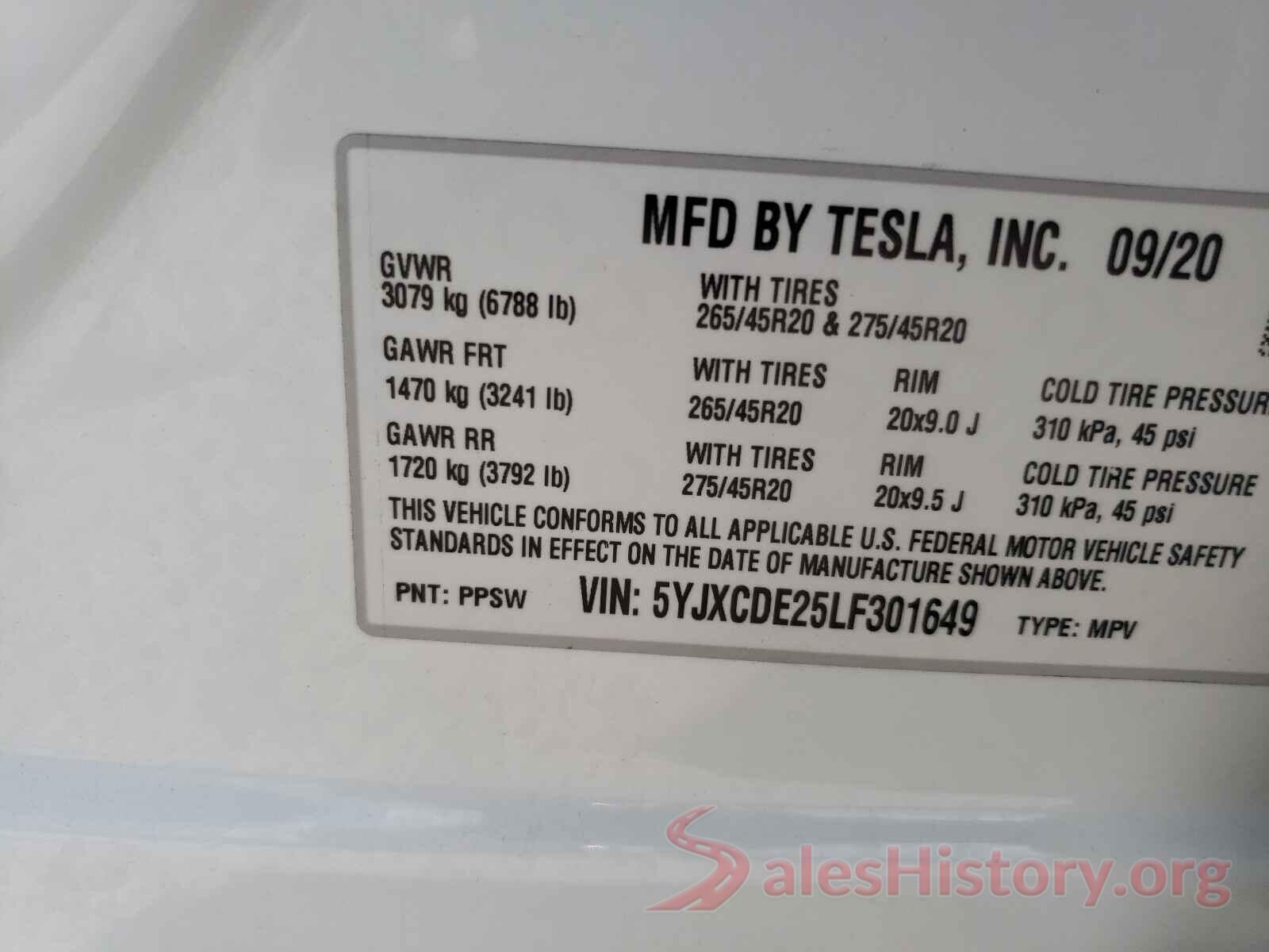 5YJXCDE25LF301649 2020 TESLA MODEL X