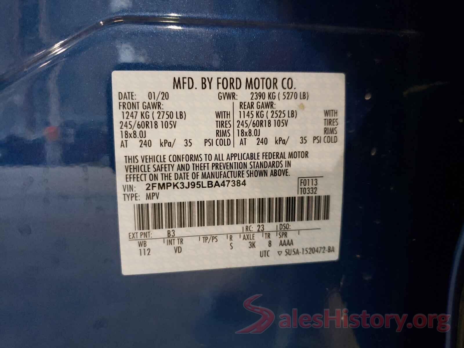 2FMPK3J95LBA47384 2020 FORD EDGE