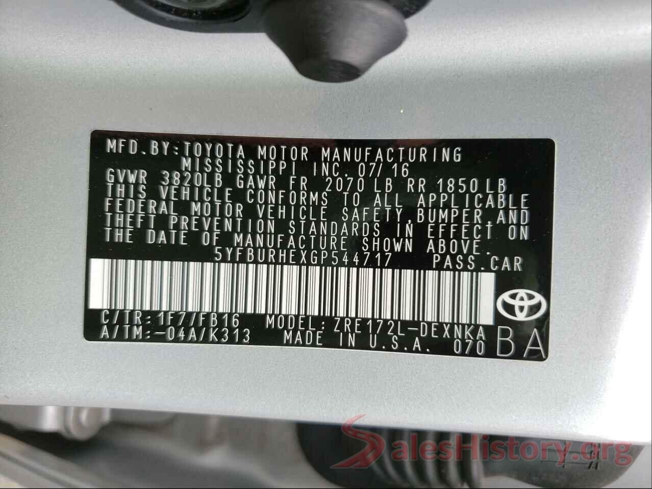 5YFBURHEXGP544717 2016 TOYOTA COROLLA