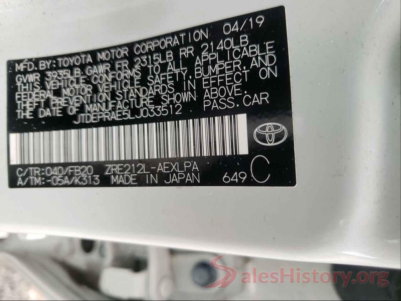 JTDEPRAE5LJ033512 2020 TOYOTA COROLLA