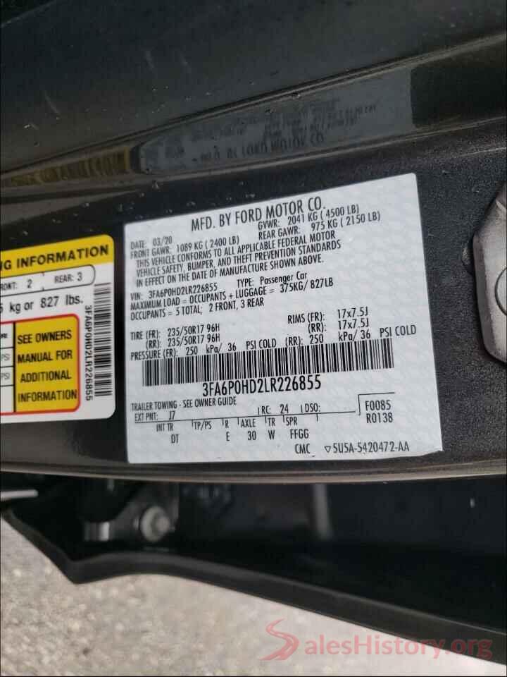 3FA6P0HD2LR226855 2020 FORD FUSION