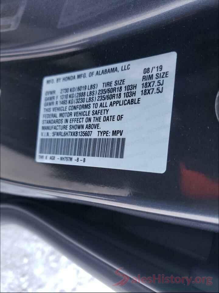 5FNRL6H7XKB135607 2019 HONDA ODYSSEY