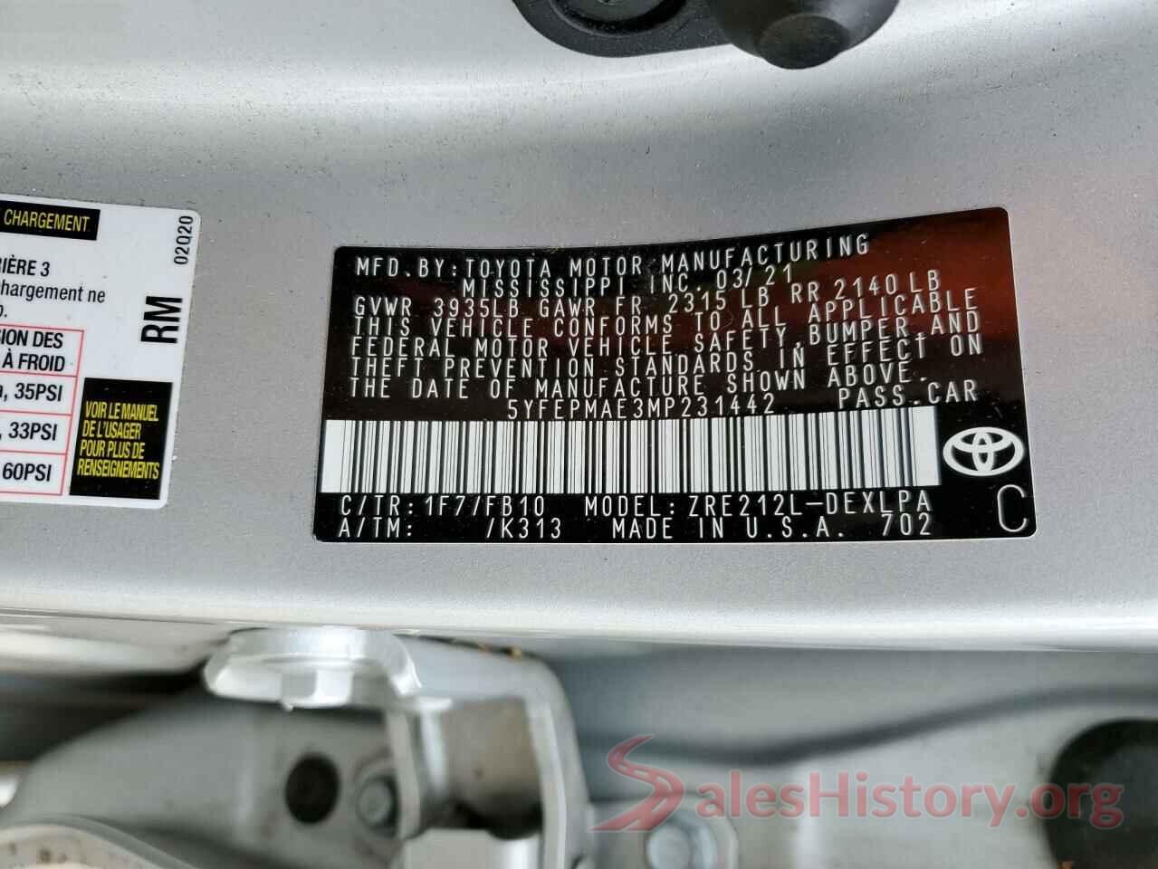 5YFEPMAE3MP231442 2021 TOYOTA COROLLA