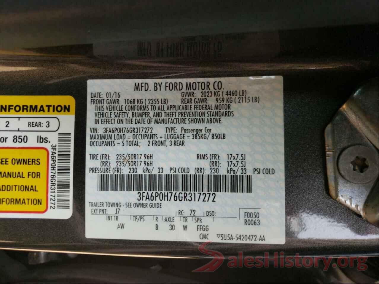 3FA6P0H76GR317272 2016 FORD FUSION