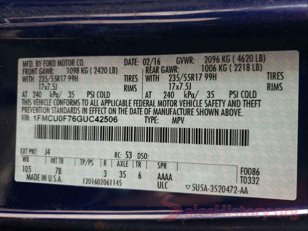 1FMCU0F76GUC42506 2016 FORD ESCAPE