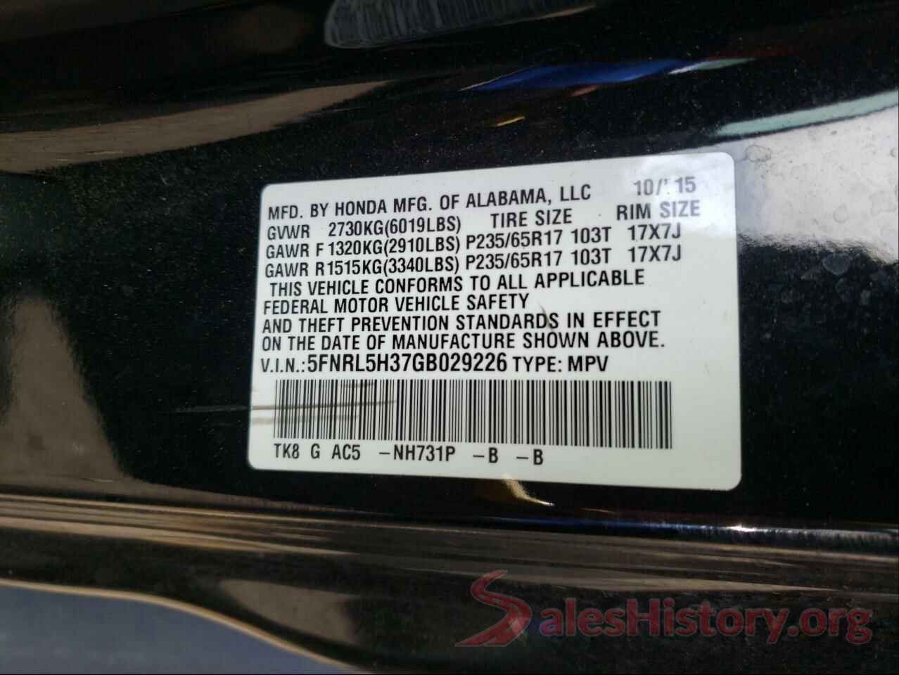 5FNRL5H37GB029226 2016 HONDA ODYSSEY