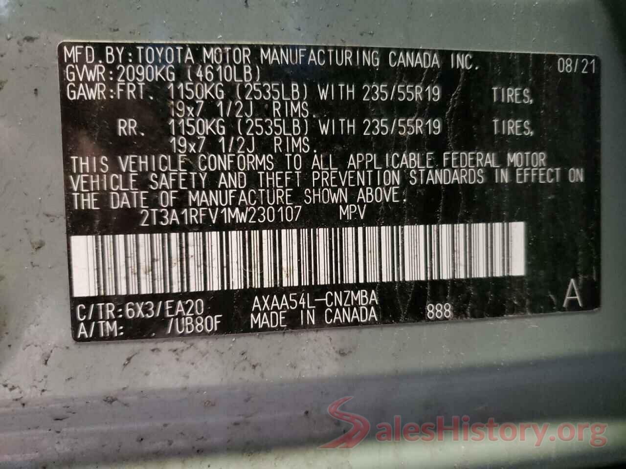 2T3A1RFV1MW230107 2021 TOYOTA RAV4