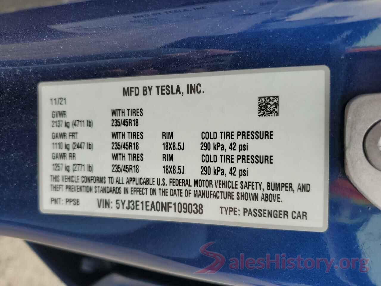 5YJ3E1EA0NF109038 2022 TESLA MODEL 3