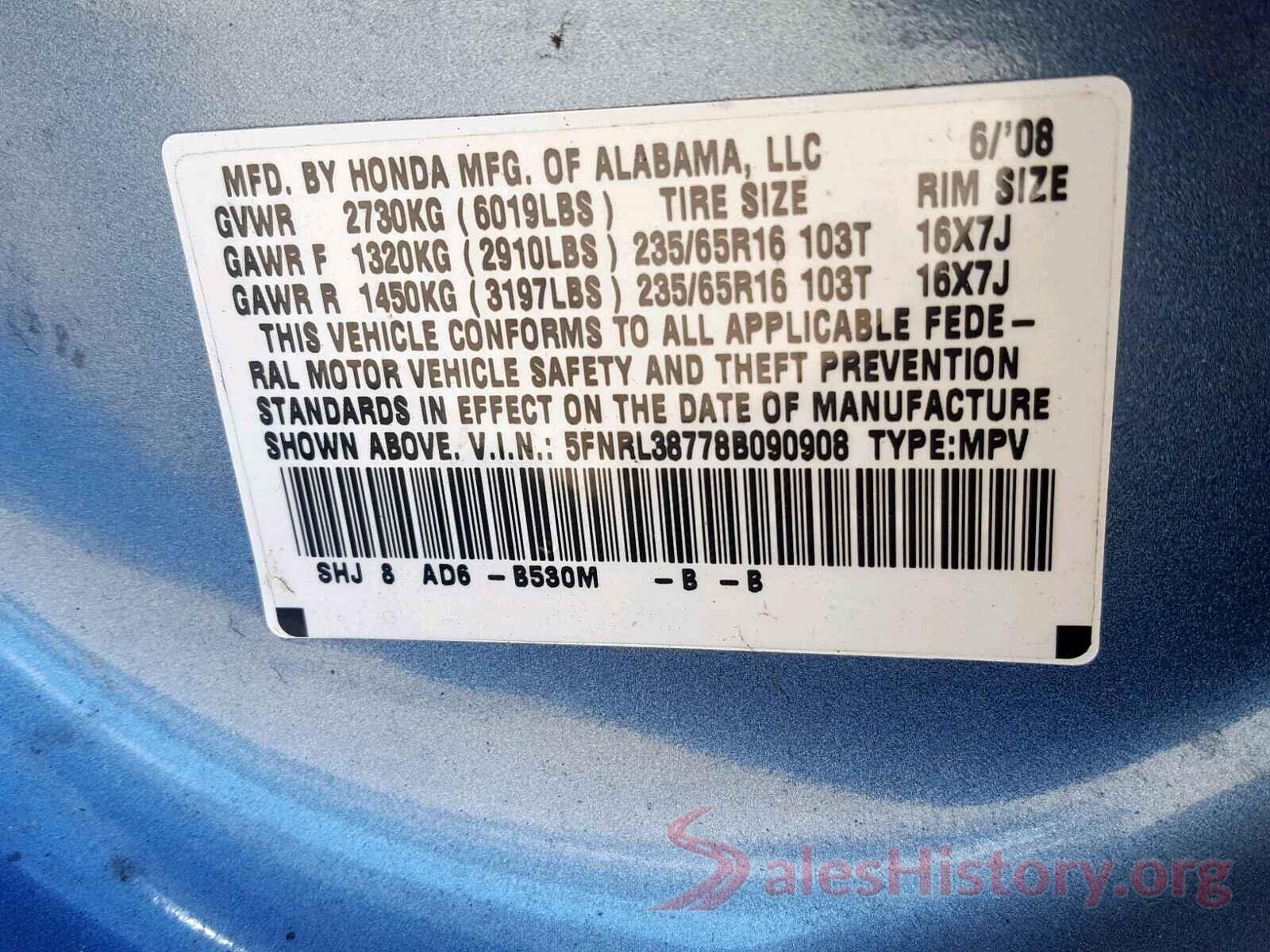 5FNRL38778B090908 2008 HONDA ODYSSEY EX