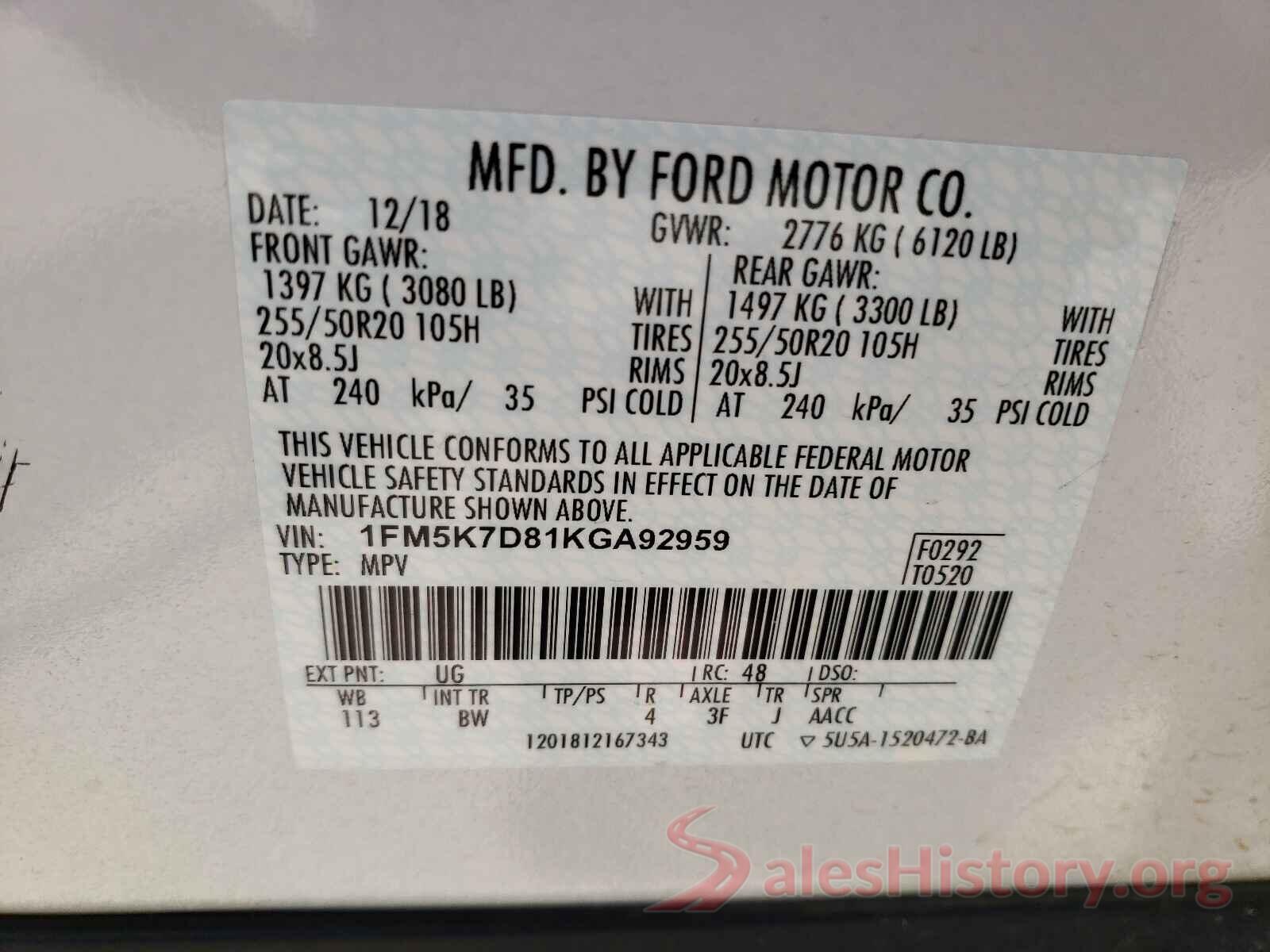 1FM5K7D81KGA92959 2019 FORD EXPLORER