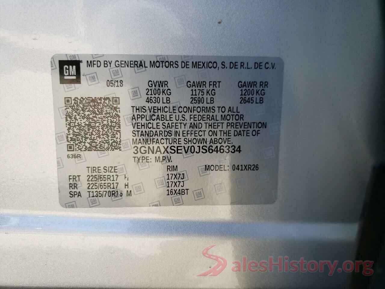 3GNAXSEV0JS646334 2018 CHEVROLET EQUINOX