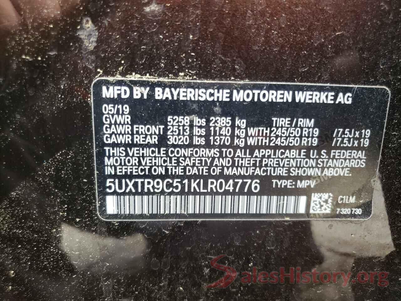 5UXTR9C51KLR04776 2019 BMW X3