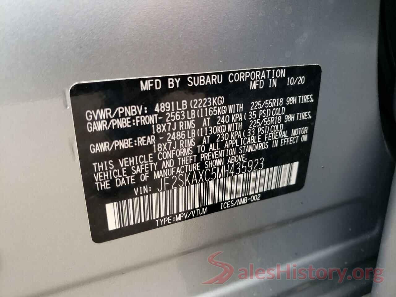 JF2SKAXC5MH435923 2021 SUBARU FORESTER