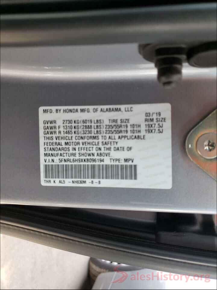 5FNRL6H9XKB096194 2019 HONDA ODYSSEY