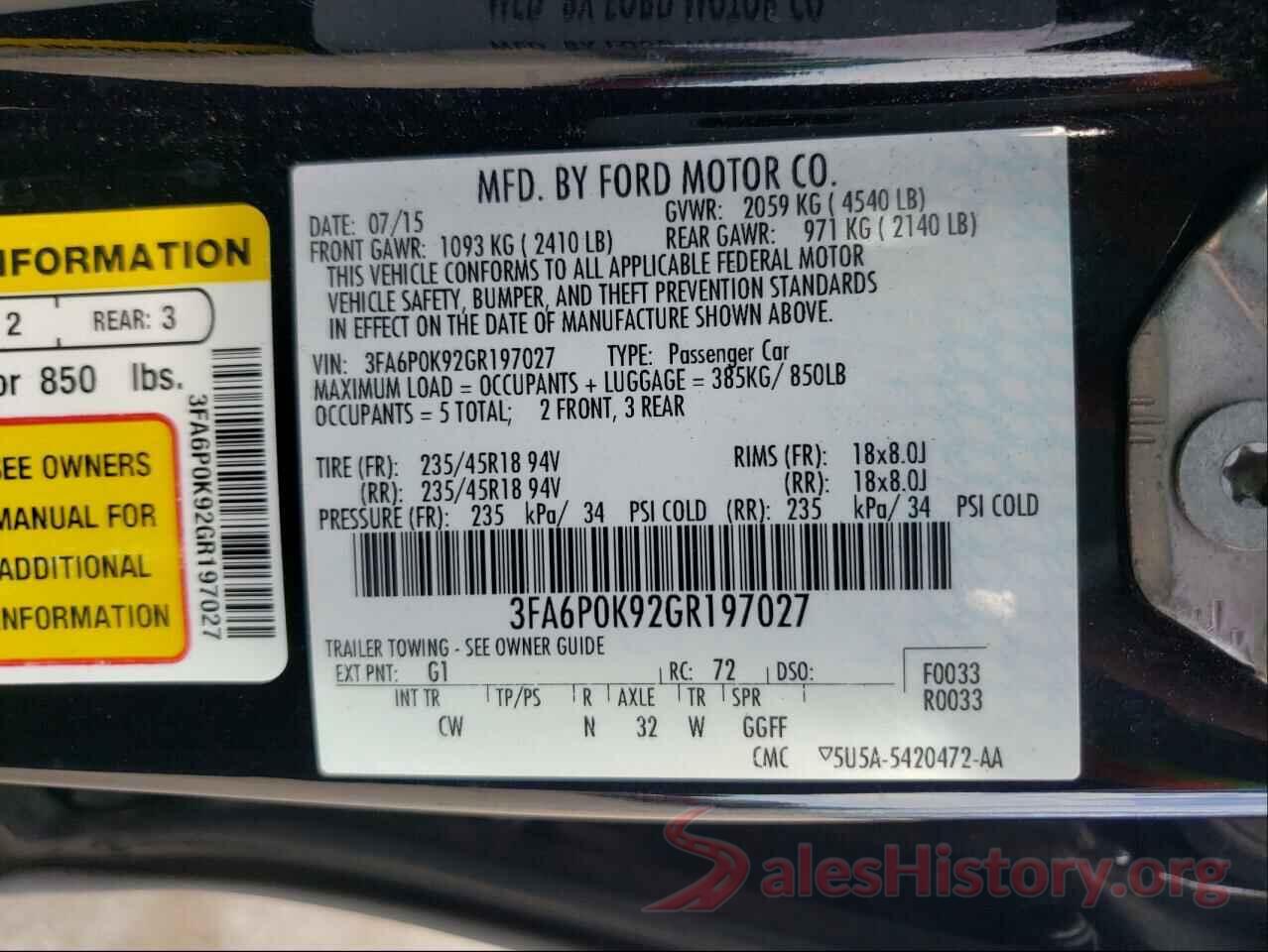 3FA6P0K92GR197027 2016 FORD FUSION