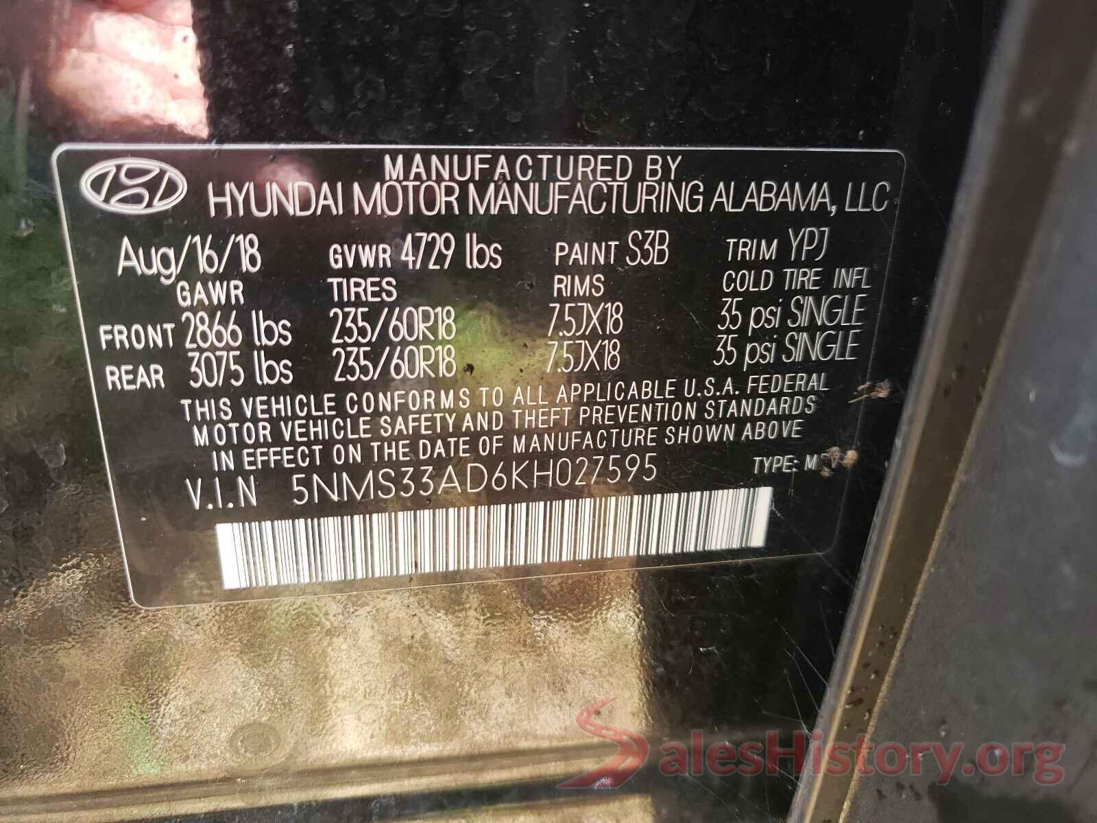 5NMS33AD6KH027595 2019 HYUNDAI SANTA FE