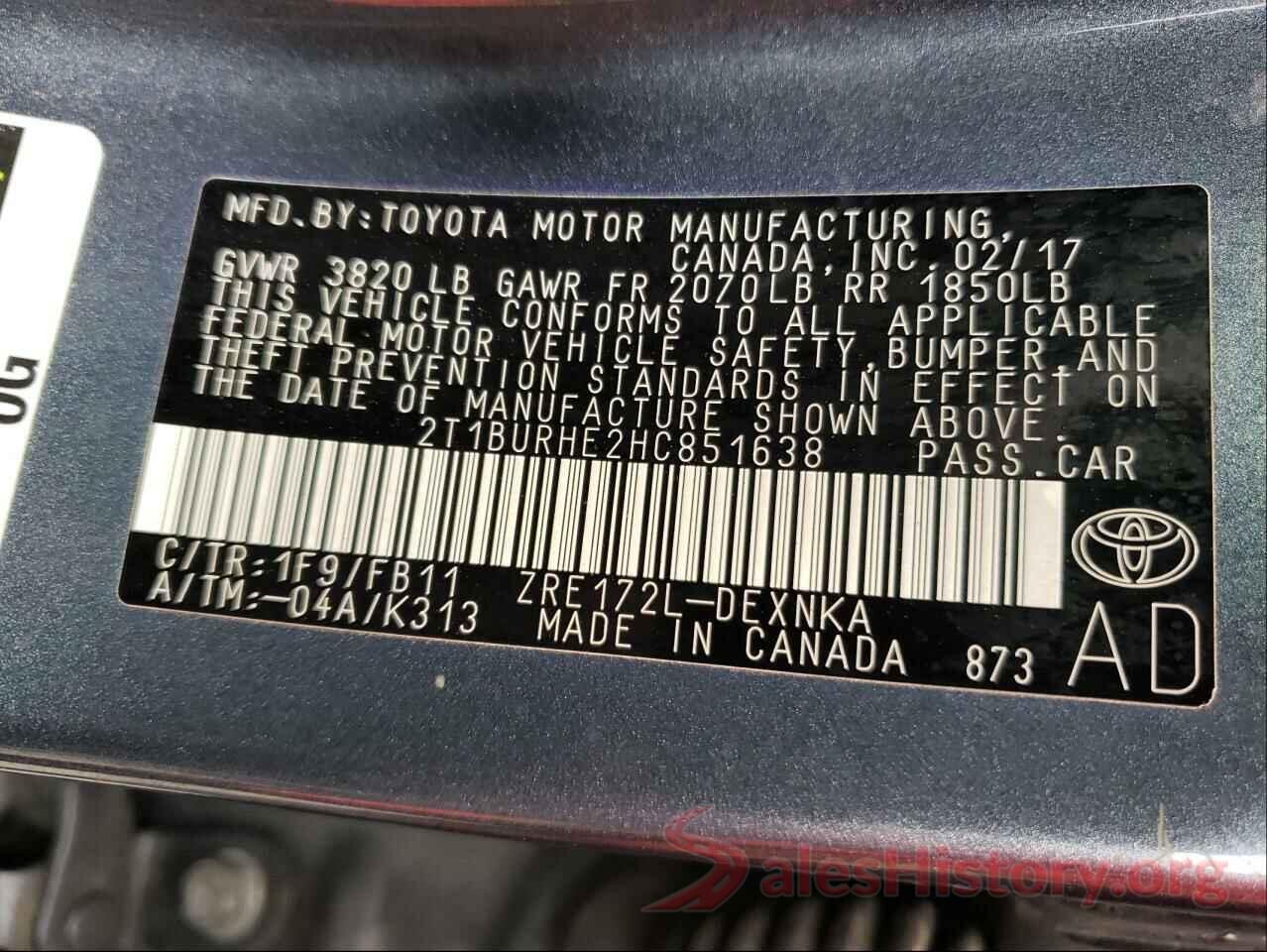 2T1BURHE2HC851638 2017 TOYOTA COROLLA