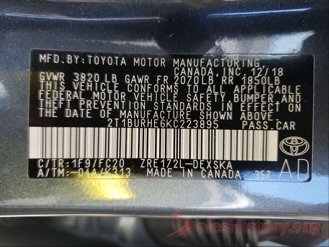 2T1BURHE6KC223895 2019 TOYOTA COROLLA