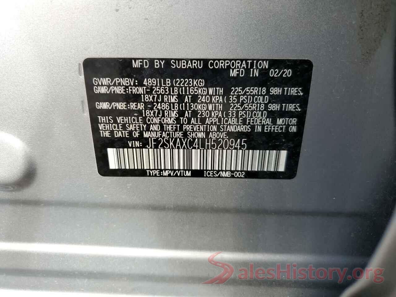 JF2SKAXC4LH520945 2020 SUBARU FORESTER