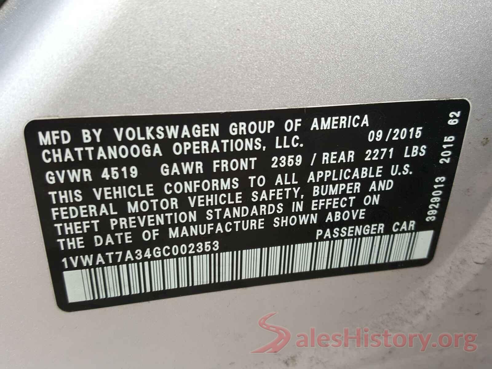 1VWAT7A34GC002353 2016 VOLKSWAGEN PASSAT