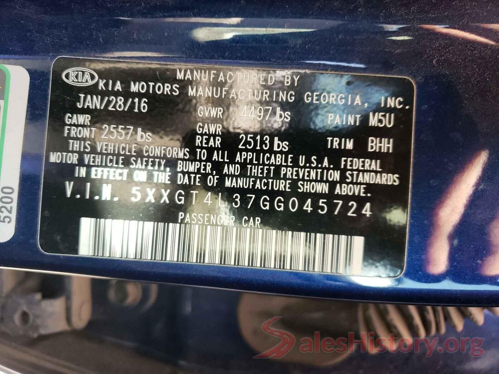 5XXGT4L37GG045724 2016 KIA OPTIMA