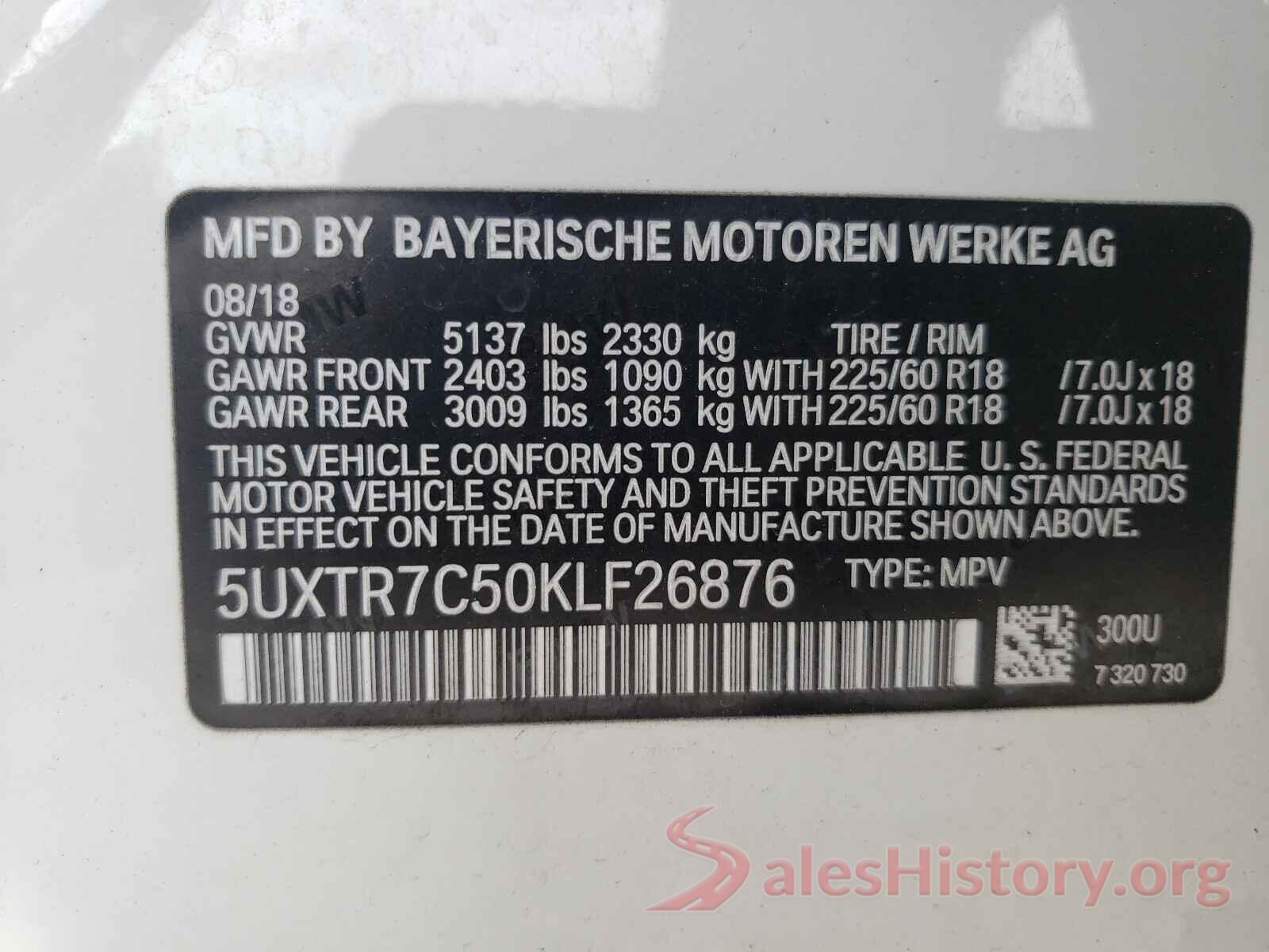 5UXTR7C50KLF26876 2019 BMW X3