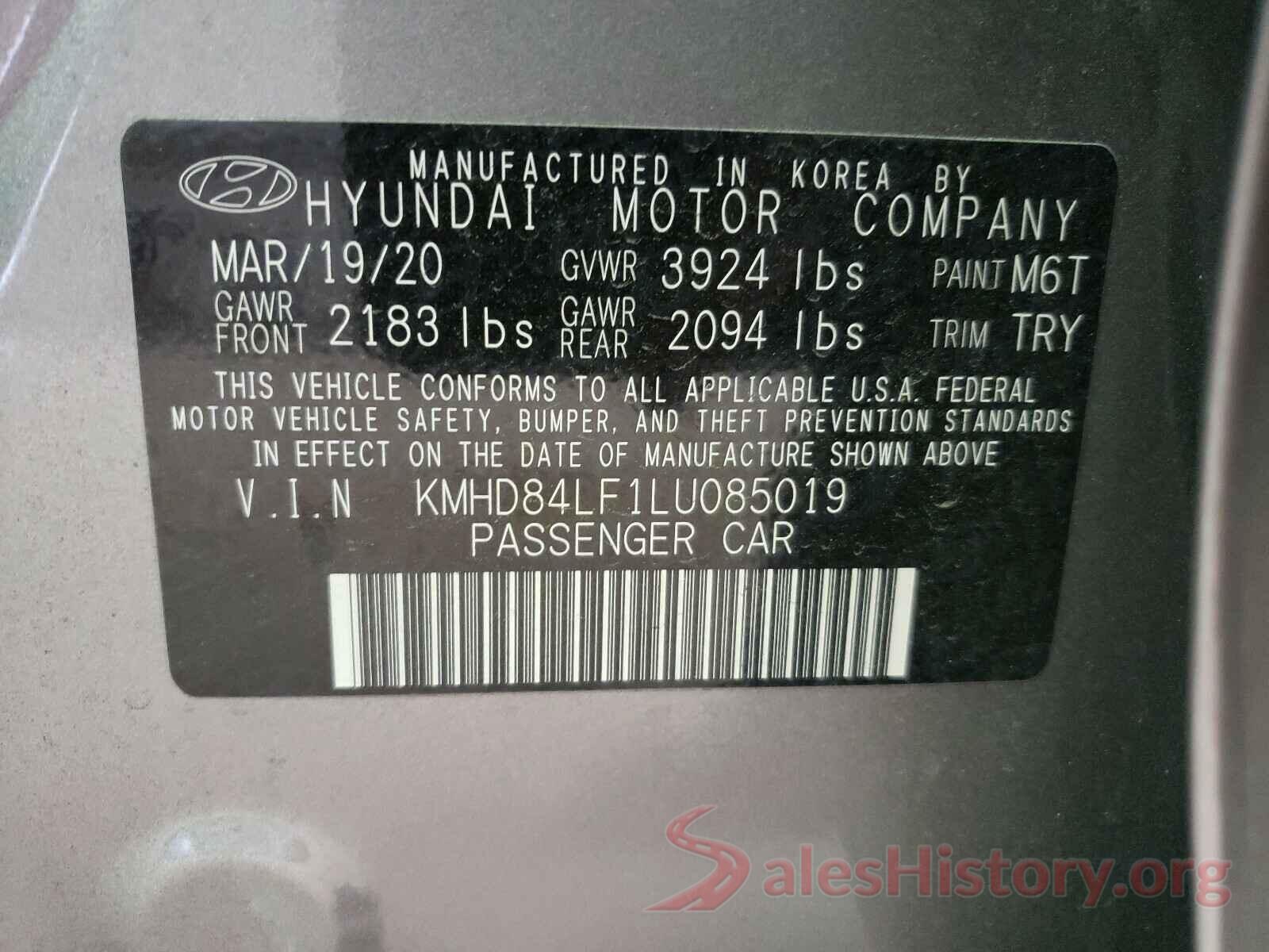 KMHD84LF1LU085019 2020 HYUNDAI ELANTRA