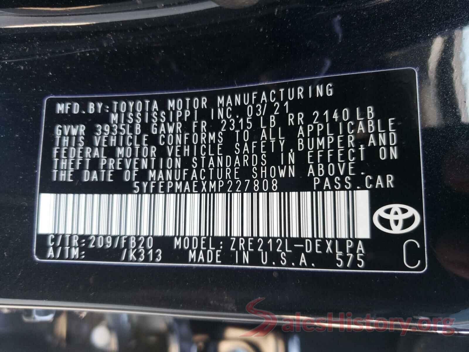 5YFEPMAEXMP227808 2021 TOYOTA COROLLA