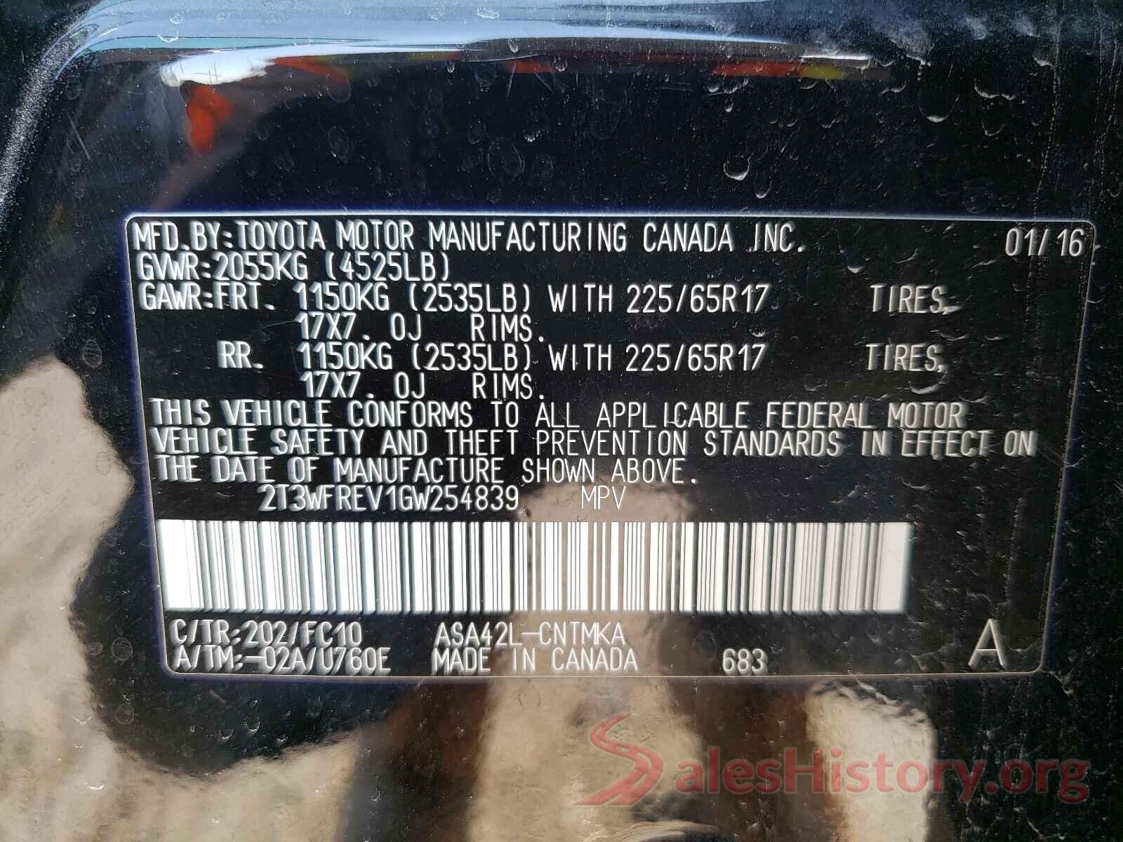 2T3WFREV1GW254839 2016 TOYOTA RAV4