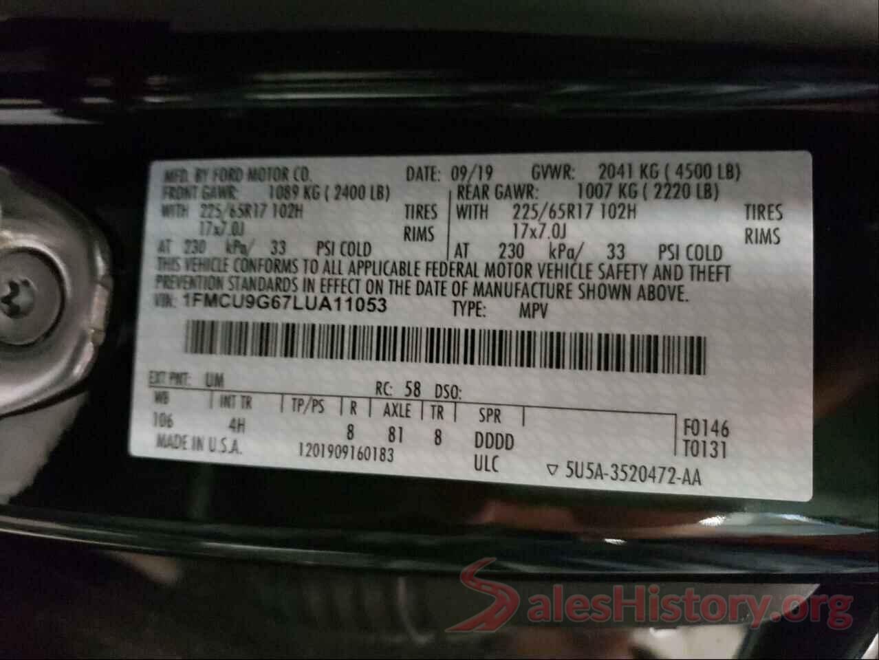 1FMCU9G67LUA11053 2020 FORD ESCAPE