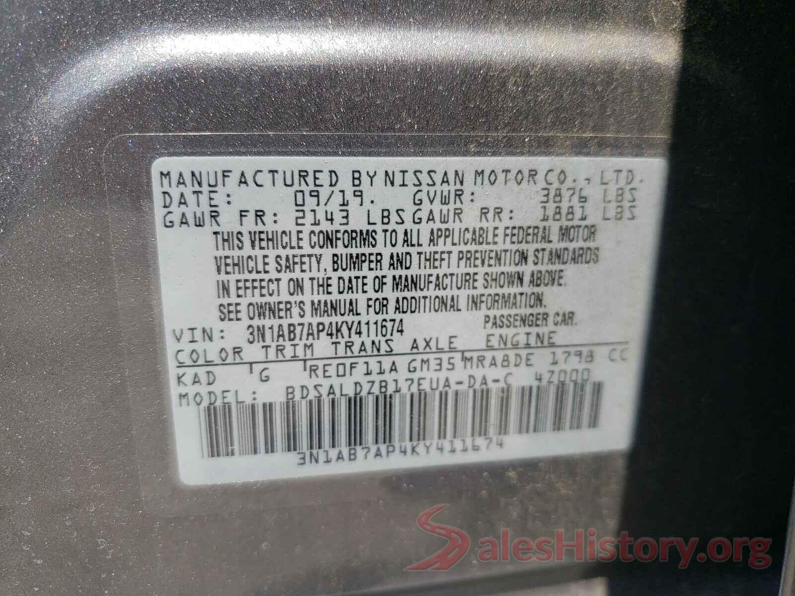 3N1AB7AP4KY411674 2019 NISSAN SENTRA