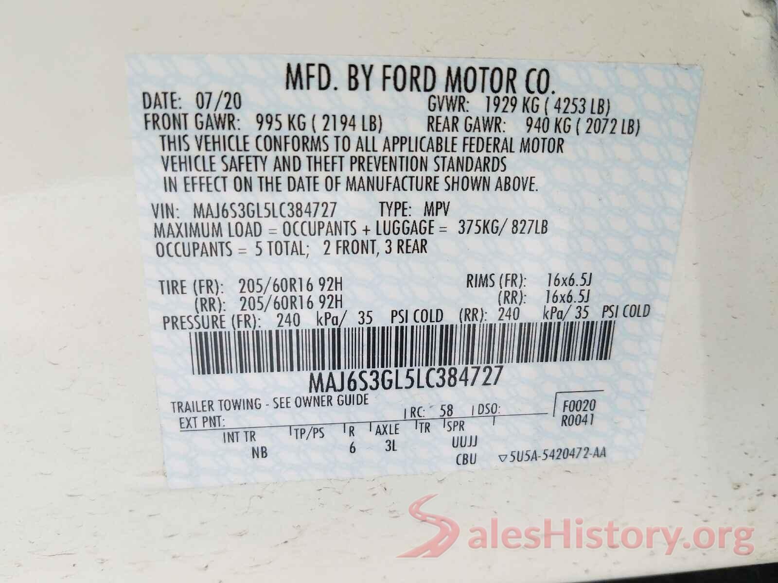 MAJ6S3GL5LC384727 2020 FORD ALL OTHER