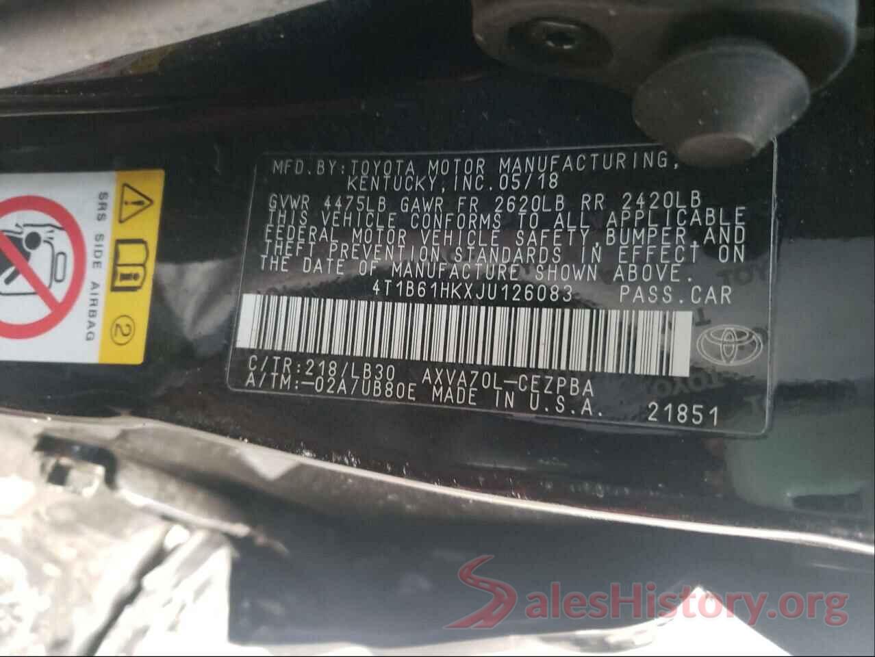 4T1B61HKXJU126083 2018 TOYOTA CAMRY