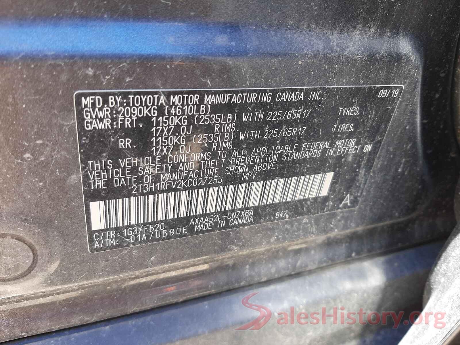 2T3H1RFV2KC027255 2019 TOYOTA RAV4