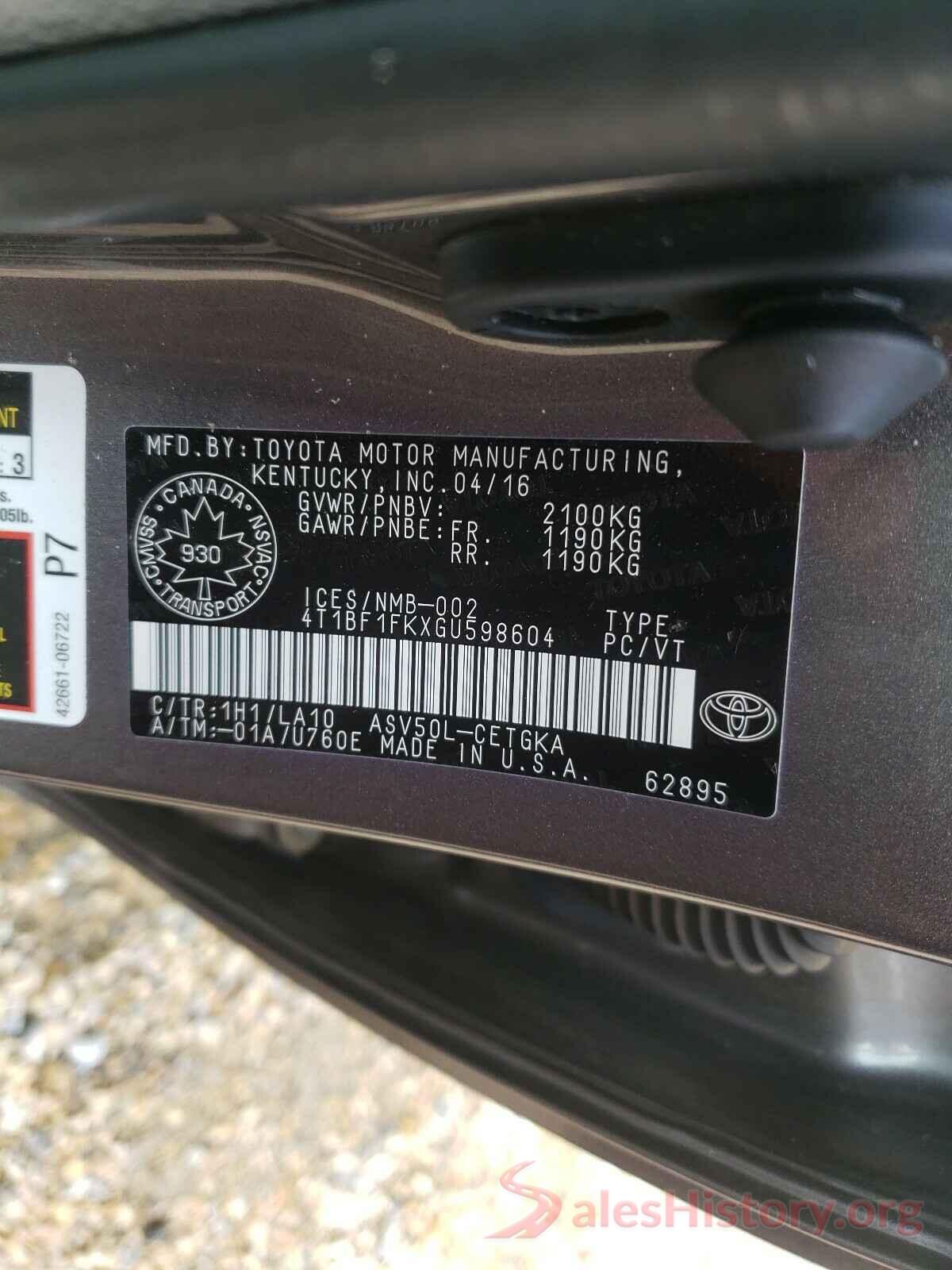 4T1BF1FKXGU598604 2016 TOYOTA CAMRY