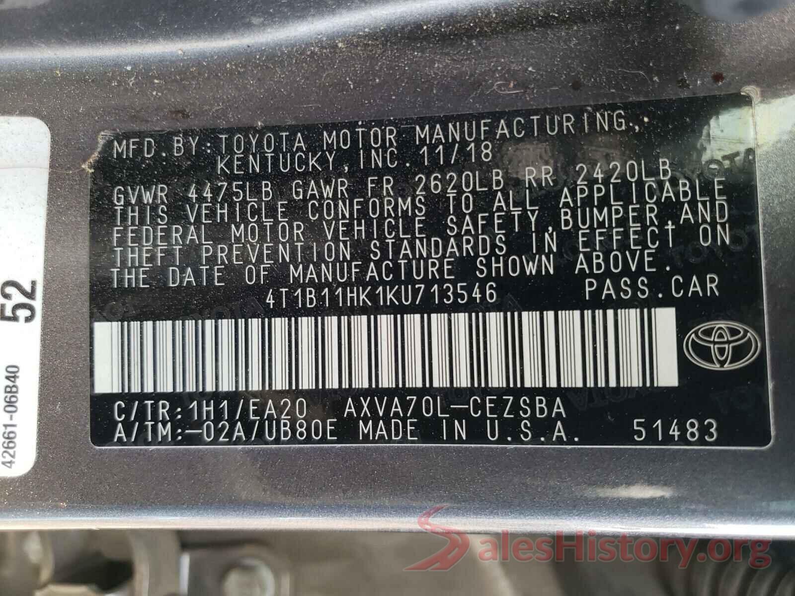 4T1B11HK1KU713546 2019 TOYOTA CAMRY