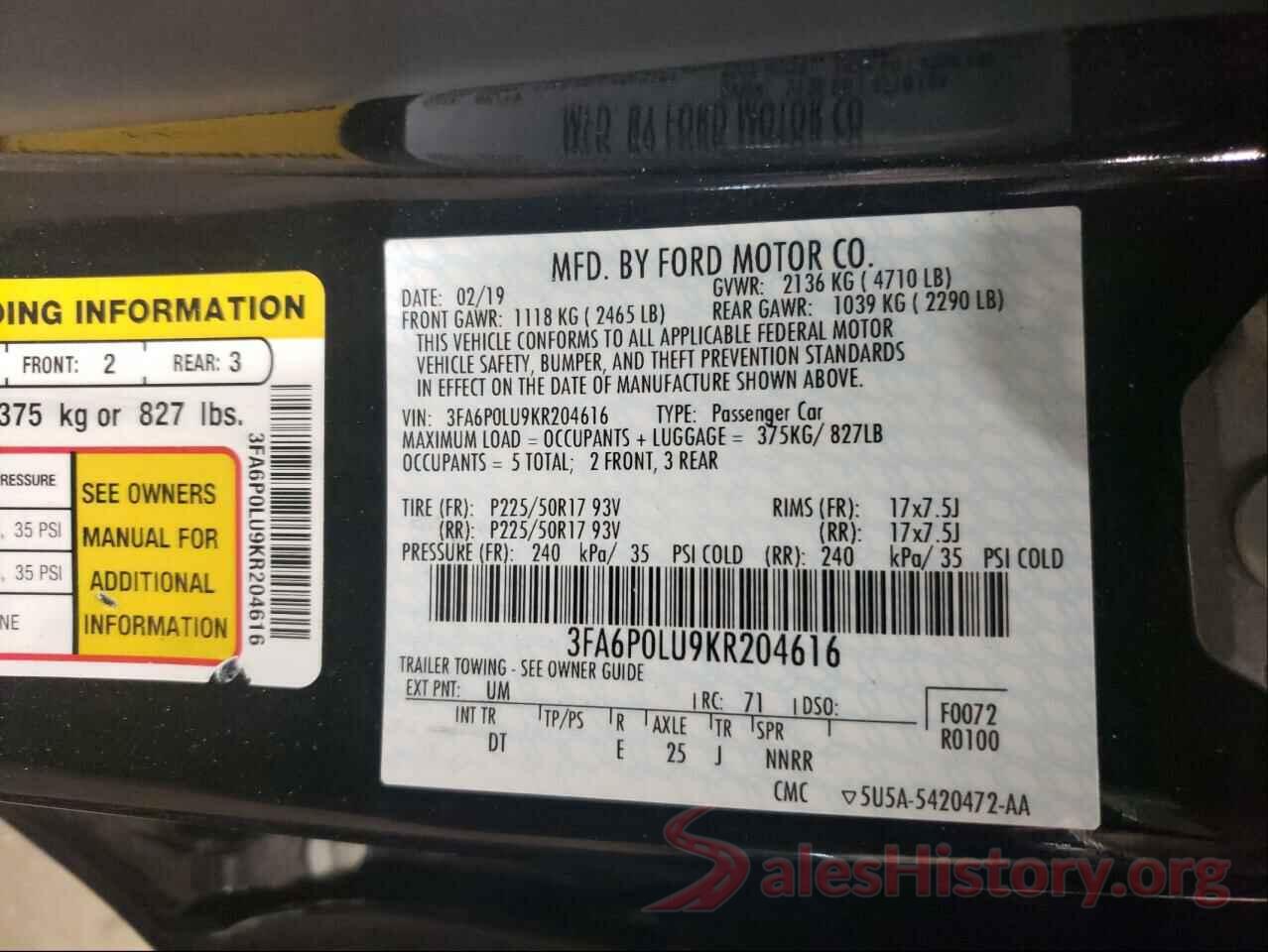 3FA6P0LU9KR204616 2019 FORD FUSION