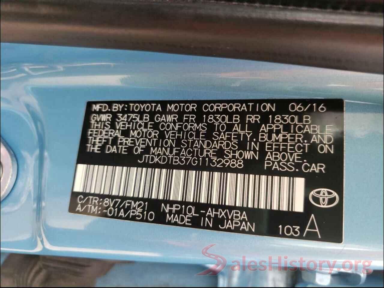 JTDKDTB37G1132988 2016 TOYOTA PRIUS