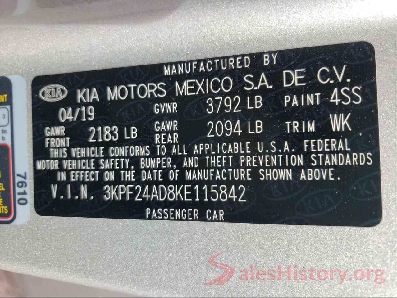 3KPF24AD8KE115842 2019 KIA FORTE