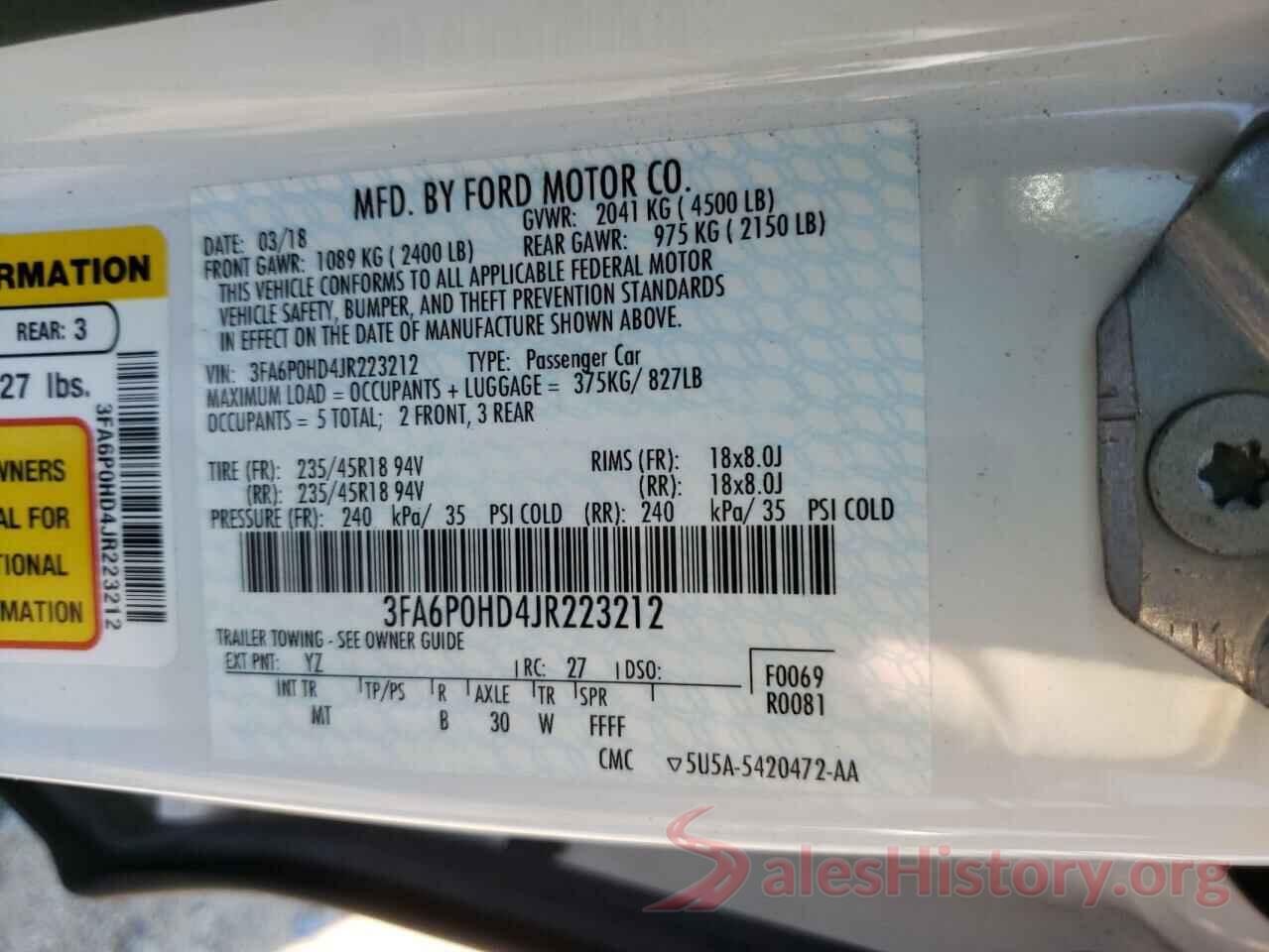 3FA6P0HD4JR223212 2018 FORD FUSION