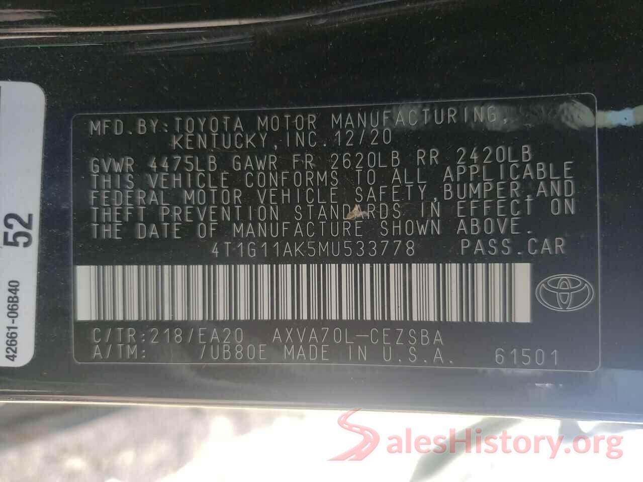 4T1G11AK5MU533778 2021 TOYOTA CAMRY