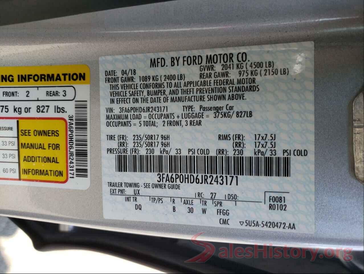 3FA6P0HD6JR243171 2018 FORD FUSION