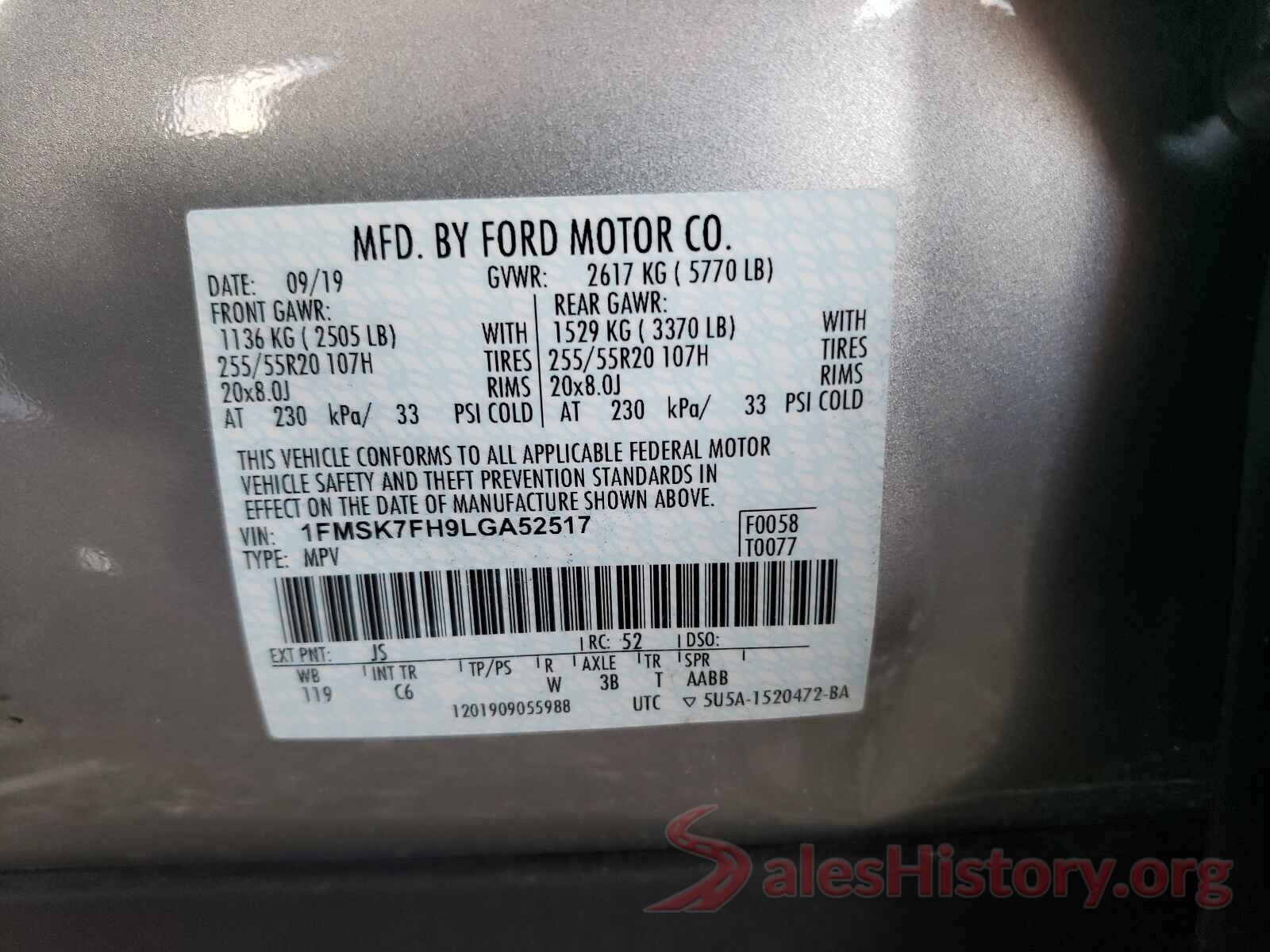 1FMSK7FH9LGA52517 2020 FORD EXPLORER