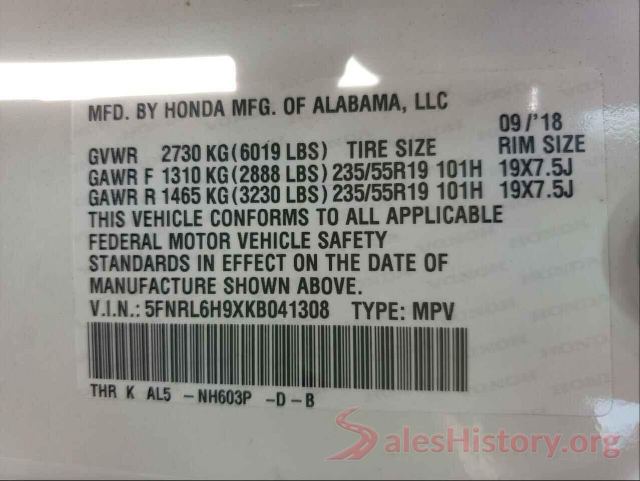 5FNRL6H9XKB041308 2019 HONDA ODYSSEY