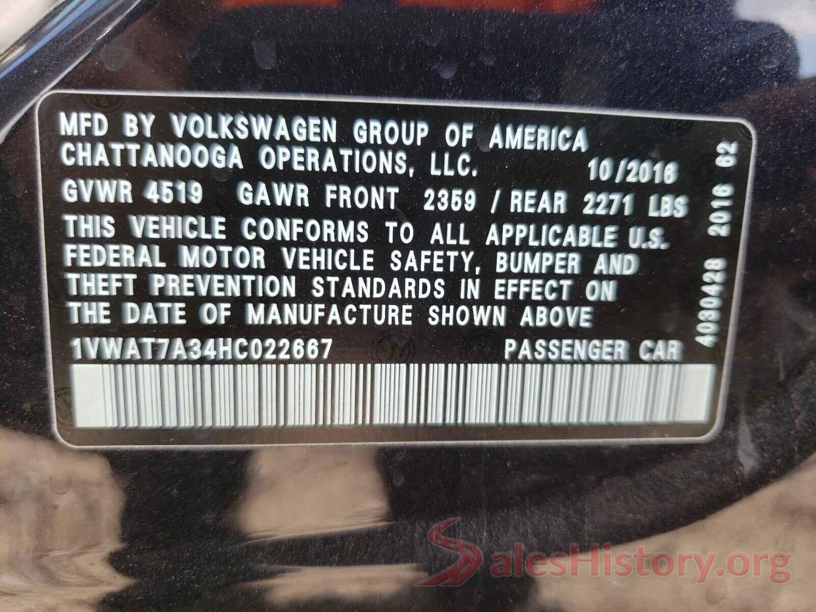 1VWAT7A34HC022667 2017 VOLKSWAGEN PASSAT