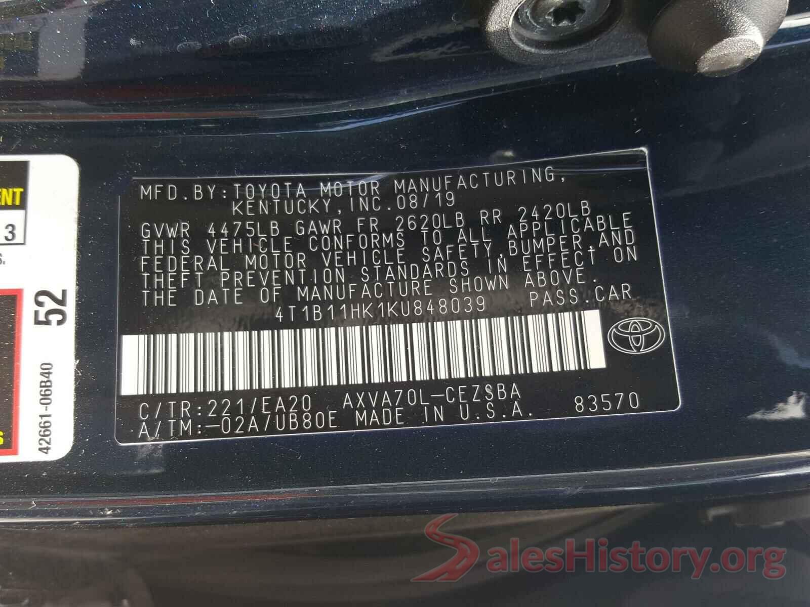 4T1B11HK1KU848039 2019 TOYOTA CAMRY