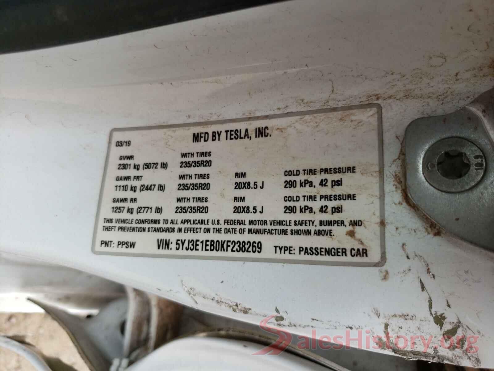 5YJ3E1EB0KF238269 2019 TESLA MODEL 3