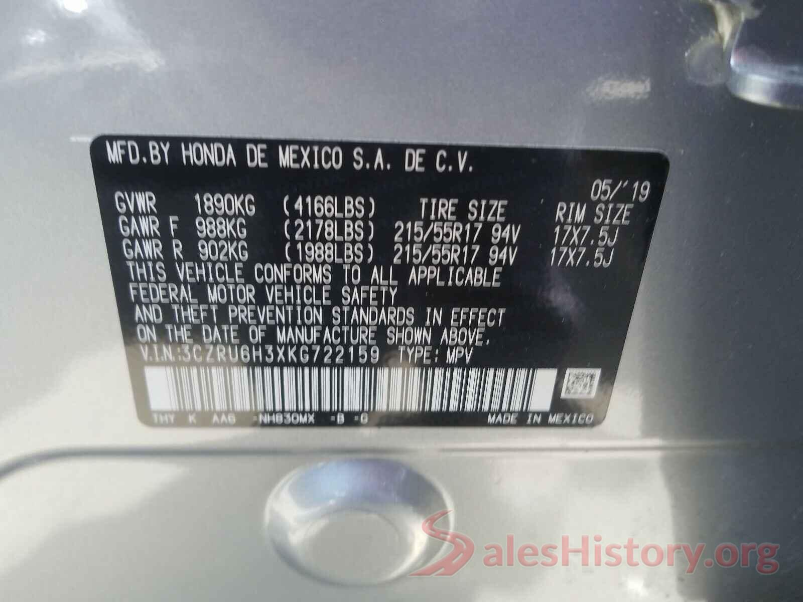 3CZRU6H3XKG722159 2019 HONDA HR-V