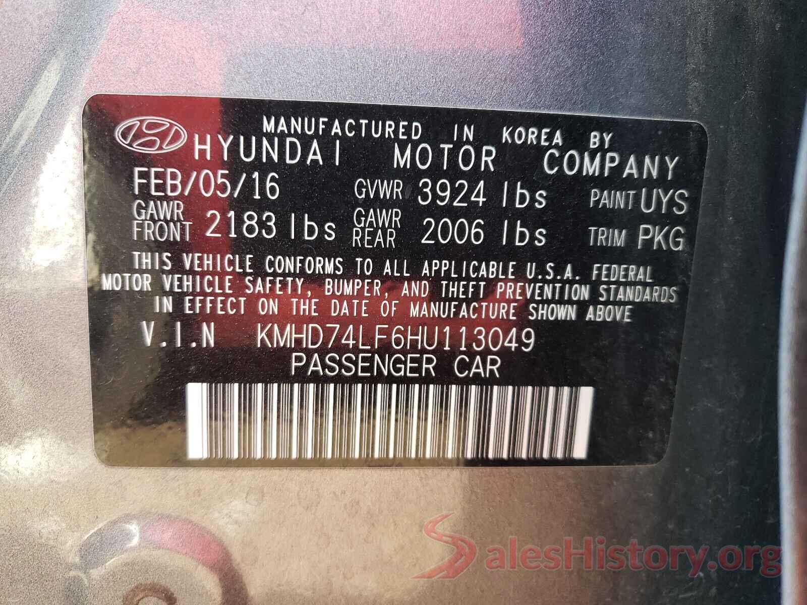 KMHD74LF6HU113049 2017 HYUNDAI ELANTRA